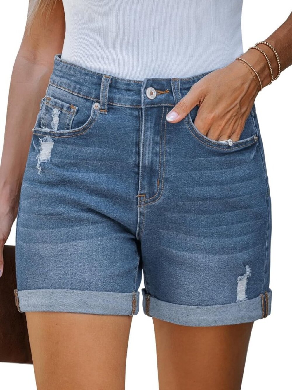 High-Waisted Ripped Denim Jean Shorts for Women | Rolled Hem Jorts